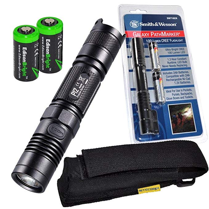 NITECORE P12 950 Lumens high intensity CREE XM-L2 LED long throw tactical flashlight with Smith & Wesson PathMarker LED Flashlight and 2X EdisonBright CR123A Lithium batteries bundle