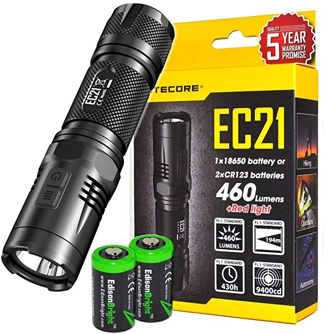 NITECORE EC22 1000 Lumens CREE LED rotary control variable brightness flashlight 2X EdisonBright CR123A Lithium Batteries bundle