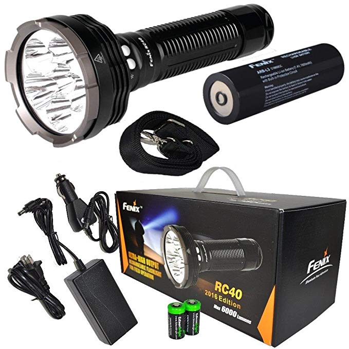 2016 Edition FENIX RC40 6000 Lumen Rechargeable Cree XM-L2 U2 LED Flashlight/ Searchlight, Car / Home charger, Fenix ARB-L3 7800mAh battery with EdisonBright battery sampler bundle