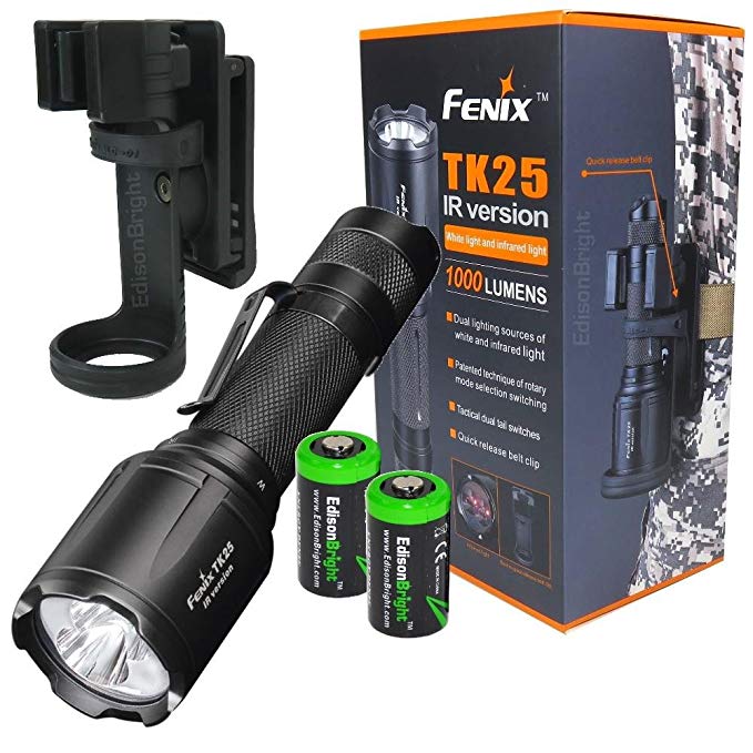 EdisonBright Fenix TK25 IR 1000 Lumens white/3000mW Infrared (IR) Dual Beam LED Flashlight (TK25IR) for night vision 2X CR123A lithium Batteries and belt clip