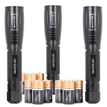 All households should have an emergency flashlight. Feit Electric 500 Lumen Flashlight 3-pack with batteries included. This is one of the brightest LED flashlights made.Features Sliding Zoom (wide & narrow beam),& 160 Lumens at Low Power.