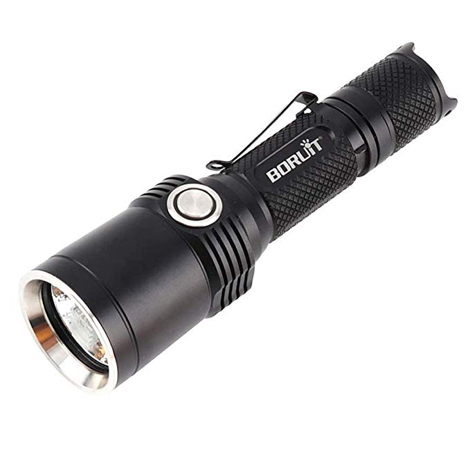 BORUiT 1200LM IPX8 Waterproof Tactical Flashlight,XP-L2 11 Modes USB Rechargeable LED Torch with White/Red/Green/Blue/UV 5 Lights for Hunting, Hiking, Fishing,5 Years Warranty