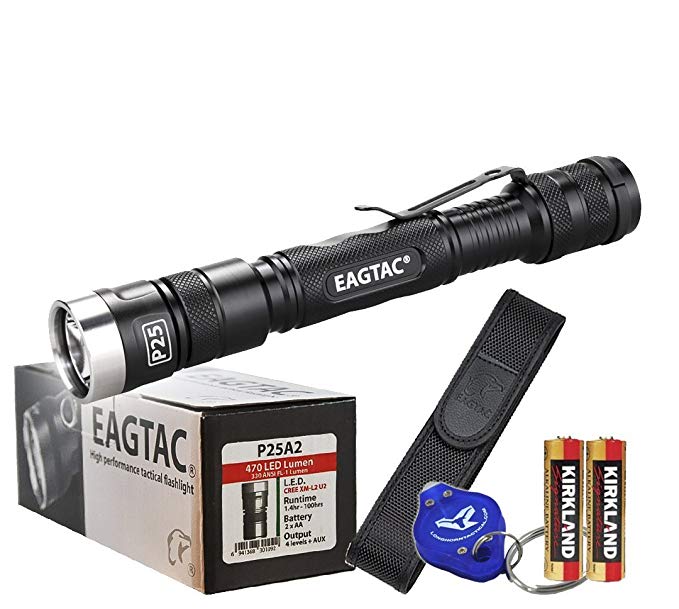 Eagletac P25A2 470 Lumens Cree XM-L2 U2 LED Flashlight with 2xAA Batteries, Premium Holster, Lanyard and Lumen Tactical Keychain Light