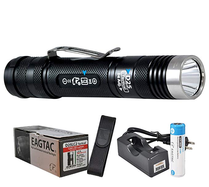 Eagletac D25LC2 Tactical 1200 Lumens Cree XM-L2 LED Flashlight with Premium Holster, 1X 18650 Rechargeable Battery and LumenTac Charger