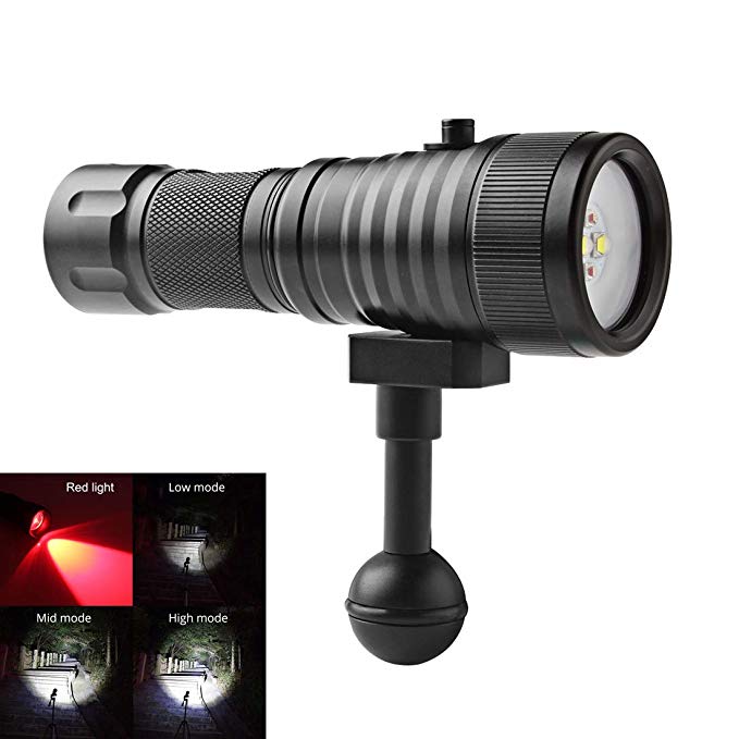 SecurityIng Wide 120 Degrees Beam Angle Scuba Diving Photography Video Flashlight 1500LM with 2 x Cree XM-L2(U4) White Light + 2 x XP-E R5 Red LED(Battery Not Included)