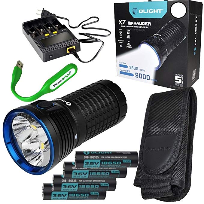 Rechargeable Kit： Olight X7 Marauder 9000 Lumen LED flashlight/searchlight, 4 X 3500mAh Rechargeable Olight Batteries, charger and EdisonBright USB reading light (Cool White beam)