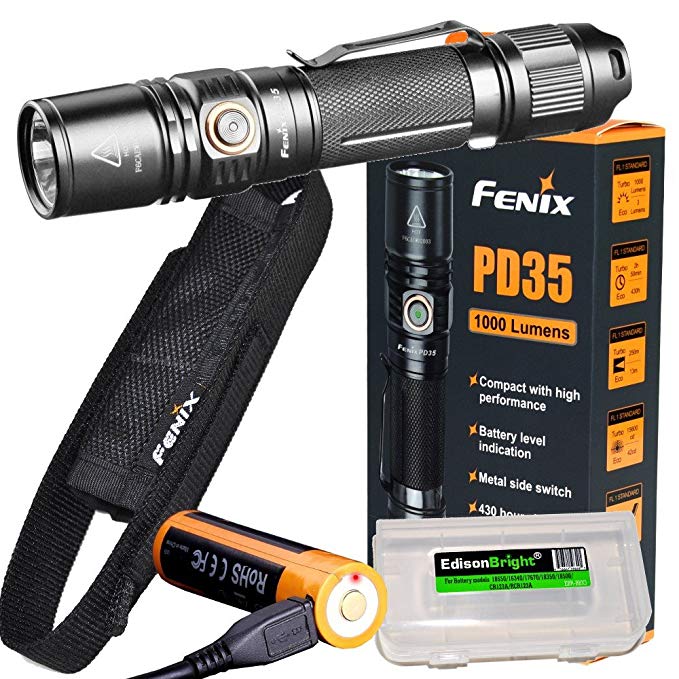 Fenix PD35 V2.0 2018 1000 Lumen Flashlight rechargeable bundle with Fenix USB Rechargeable li-ion Battery & EdisonBright battery carry case