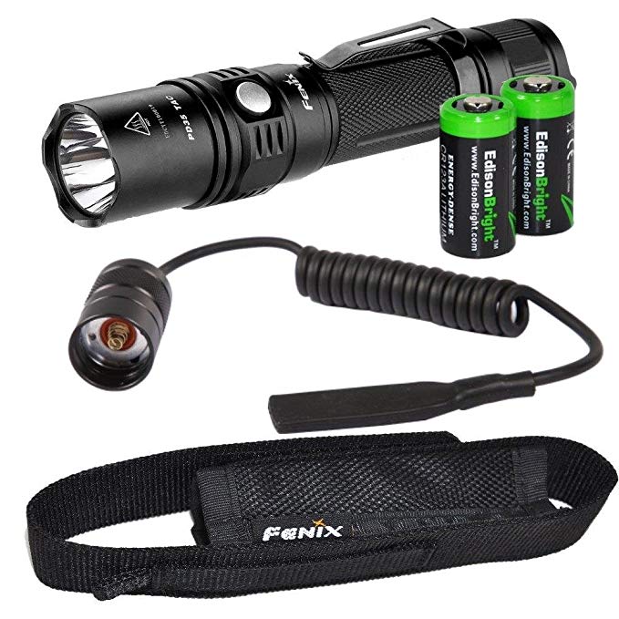 EdisonBright Fenix PD35 TAC 1000 Lumen CREE LED Tactical Flashlight and Fenix AR102 pressure switch with Two CR123A Lithium Batteries