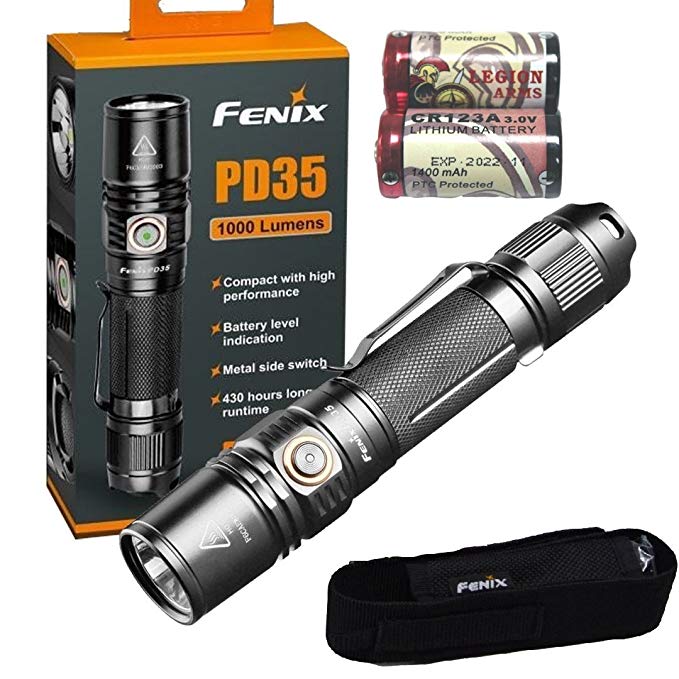 Fenix PD35 V2.0 LED Flashlight 1000 Lumens PD35V2 2018 edition with Holster, Lanyard and 2x LegionArms CR123A Batteries