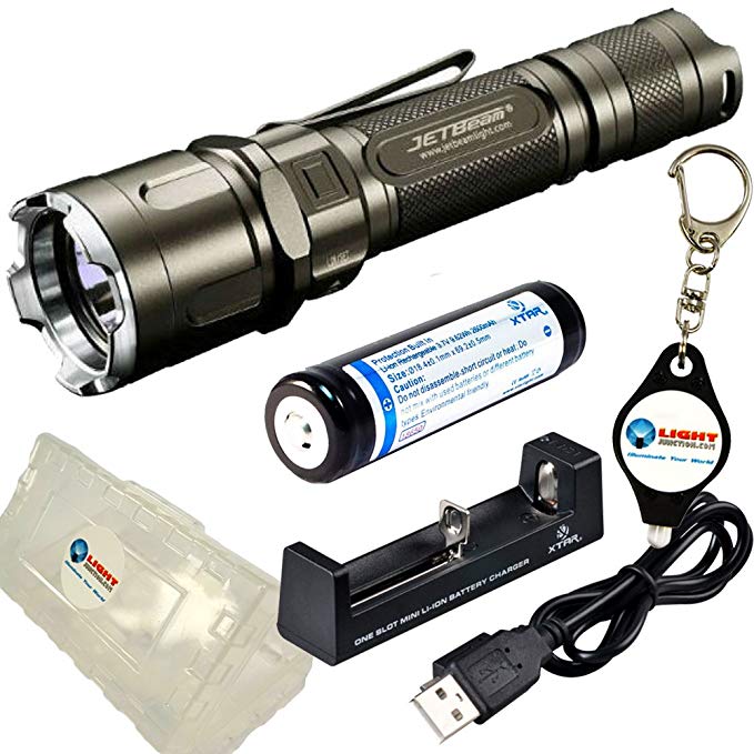 BUNDLE: JETBeam JET 3M PRO CREE XP-L 1100 Lumens LED Flashlight w/ 1x Xtar 18650 2600mAh rechargeable battery, 1x Xtar MC1 Charger, 1x Xtar Battery Case and 1x Lightjunction Keychain light