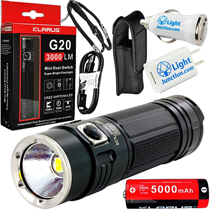 Klarus G20 3000 Lumen Rechargeable LED Flashlight with 26650 Battery and LightJunction USB Car and Wall Plug