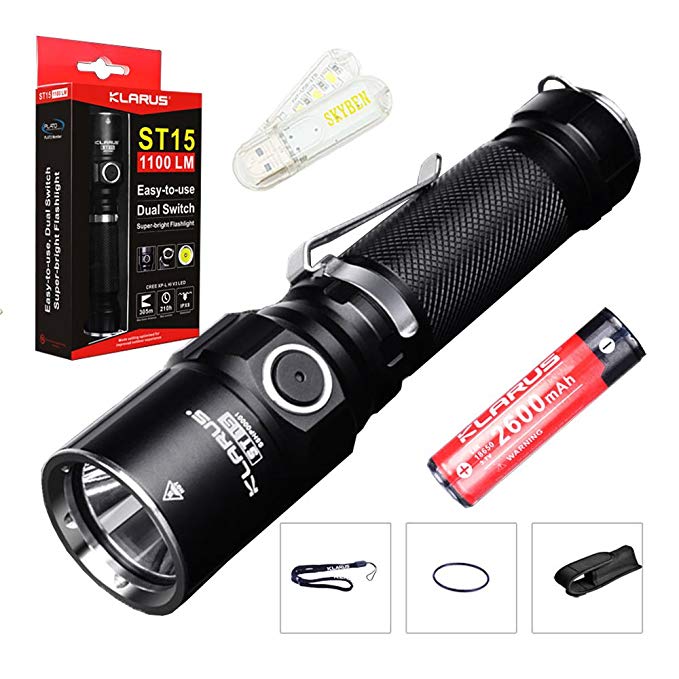 Bundle: Klarus ST15 CREE XP-L HI V3 LED 1100 Lumens Watereproof Flashlight With 18650 Rechargeable Battery and Skyben USB Light