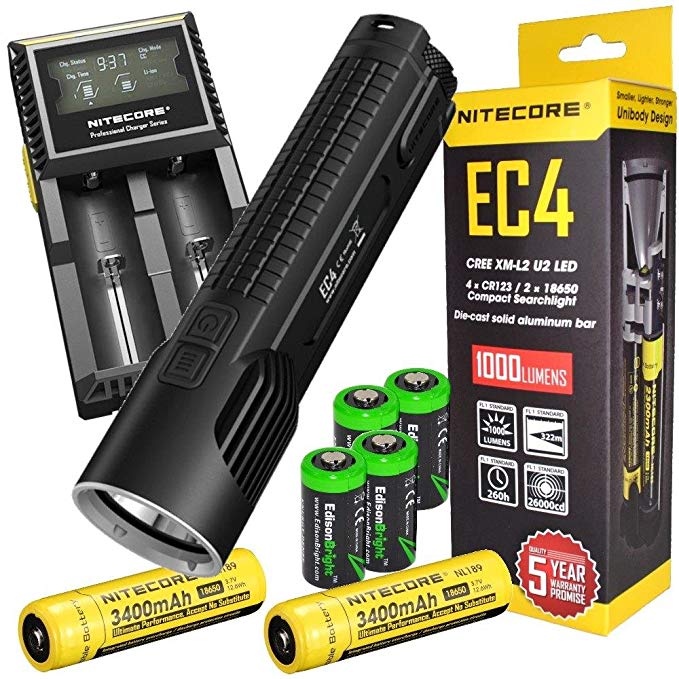 Nitecore EC4 1000 Lumen LED tactical flashlight 2 X 18650 Li-ion rechargeable batteries, D2 intelligent digital Charger, in-Car Charging Cable and four EdisonBright CR123A Lithium Batteries