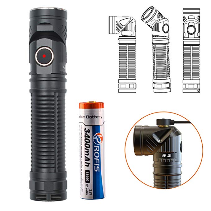 Rofis R3 CREE XM-L2 LED 1250 Lumens Magnetic USB Rechargeable Adjustable-head Flashlight Compact Lightweight Headlamp 18650 Flashlight,with 18650 Battery,Charging Cable and Headband(Cool White(6500 K)