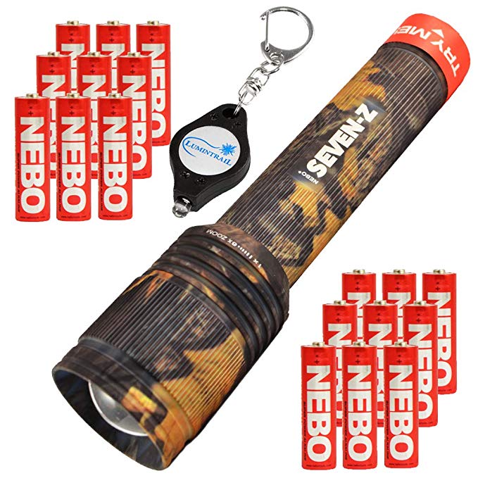 Nebo 6414 Seven-Z LED Flashlight 770 Lumens 6500 LUX CAMO w/ 18 Nebo AA Batteries and Lumintrail Keychain Light