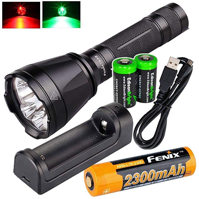 Fenix TK32 2016 version CREE LED 1000 Lumen built in Red, Green Lights tactical Flashlight with Fenix Li-ion rechargeable battery, Fenix ARE-X1 battery Charger and 2 X EdisonBright CR123A Lithium batteries bundle