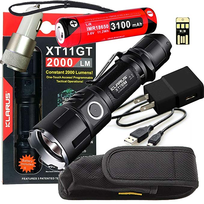 Klarus Upgraded XT11GT 2000 Lumens SUPER BUNDLE w/ XT11GT LED Compact Rechargeable Tactical Flashlight, 18650 Battery, USB Cable, Lanyard, Holster, Pocket Clip, Car & Wall Adapter, and USB Mini Light