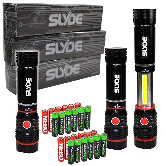 3 pack Nebo Slyde+ 300 Lumen LED flashlight/Worklight 6156 and 12 X EdisonBright AAA alkaline batteries bundle