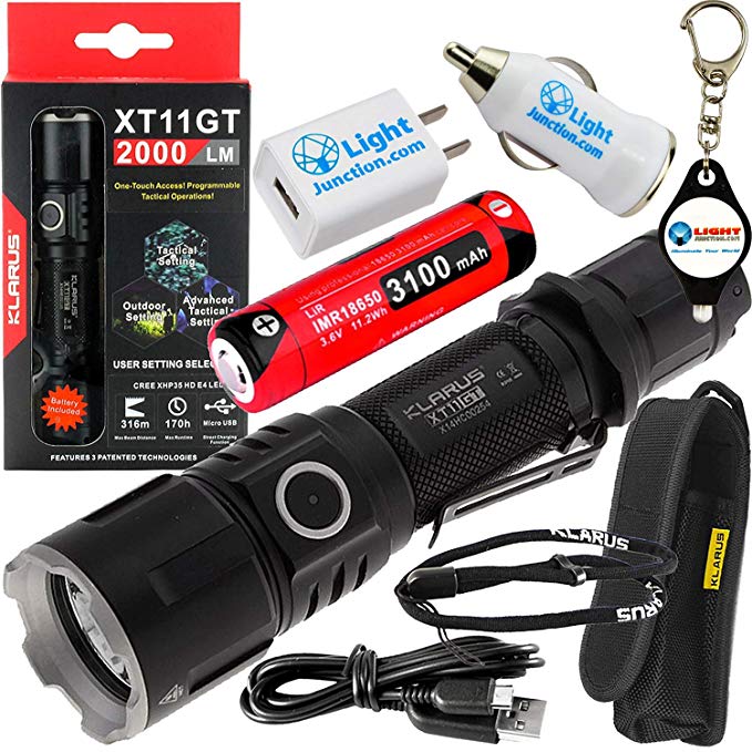 Klarus XT11GT Tactical Rechargeable Flashlight CREE XHP35 HD E4 LED 2000 Lumens w/ USB Wall And USB Car Plugs and Lightjunction Keychain Light