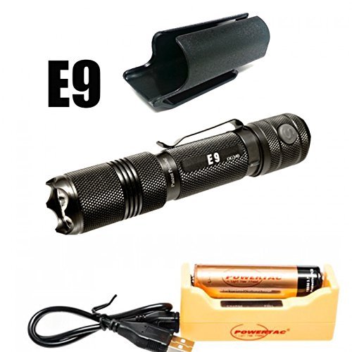 Bundle: PowerTac E9 1020 Lumen LED Flashlight Side Button on Tail Cap Dual Switches with 18650 3400mAh USB Rechargeable Kit