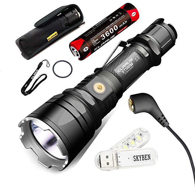 SKYBEN Klarus XT12GT CREE LED XHP35 HI D4 LED 1600 Lumens 18650 Tactical Rechargeable Flashlight with 18650 Battery,USB Charging,Holster,O-ring and USB Light