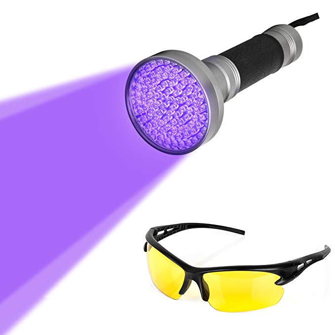 Blacklight Flashlight, 100 LED Ultra Violet UV Flashlight Handheld Blacklight Stain Detector with UV Safety Goggles to Spot Scorpions, Bed Bugs, Bodily Urine, Car Freon Leaks (Black)