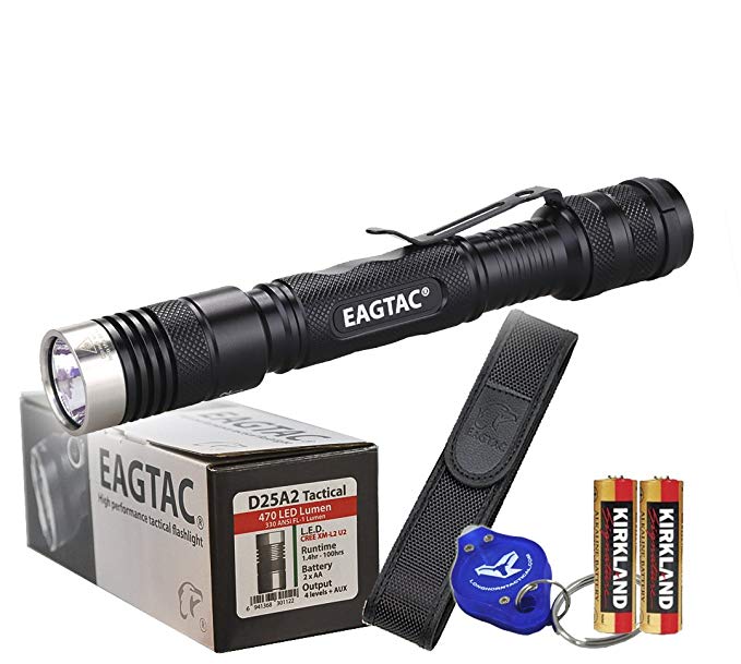 Eagletac D25A2 Tactical 470 Lumens Cree XM-L2 U2 LED Flashlight Pen Light with 2xAA Batteries, Premium Holster, Lanyard and Lumen Tactical Keychain Light