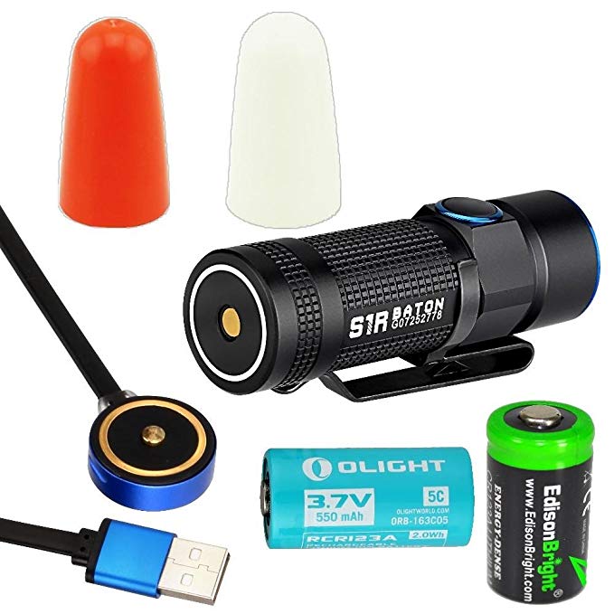 Olight S1R 900 Lumen USB rechargeable CREE LED Flashlight, Rechargeable battery, Olight traffic wands (White/Orange) with EdisonBright CR123A Lithium Battery