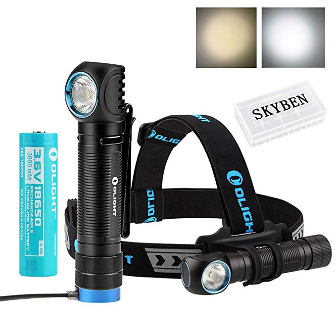 Olight H2R 2300 Lumens CREE XHP50 LED 18650 USB Rechargeable Flashlight/Headlamp For Outdoor Camping Hiking Running with SKYBEN Battery Case (Neutral White)