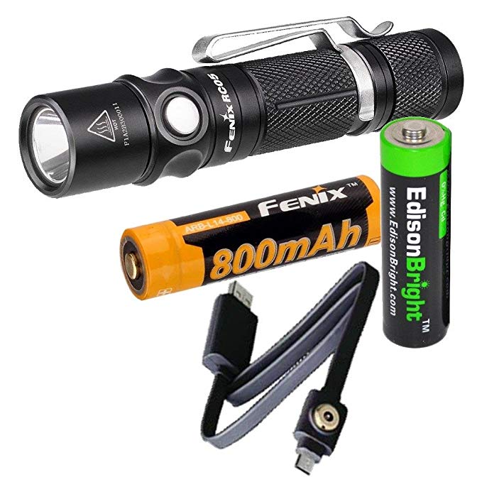 Fenix RC05 300 Lumen USB rechargeable CREE LED Flashlight with Fenix 14500 Li-ion battery , and EdisonBright AA Alkaline bundle