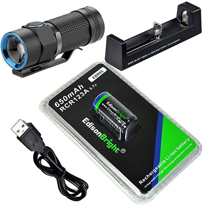 EdisonBright Olight S1 500 Lumen Compact EDC LED Flashlight with EBR65 RCR123A 16340 lithium-ion battery and charger bundle