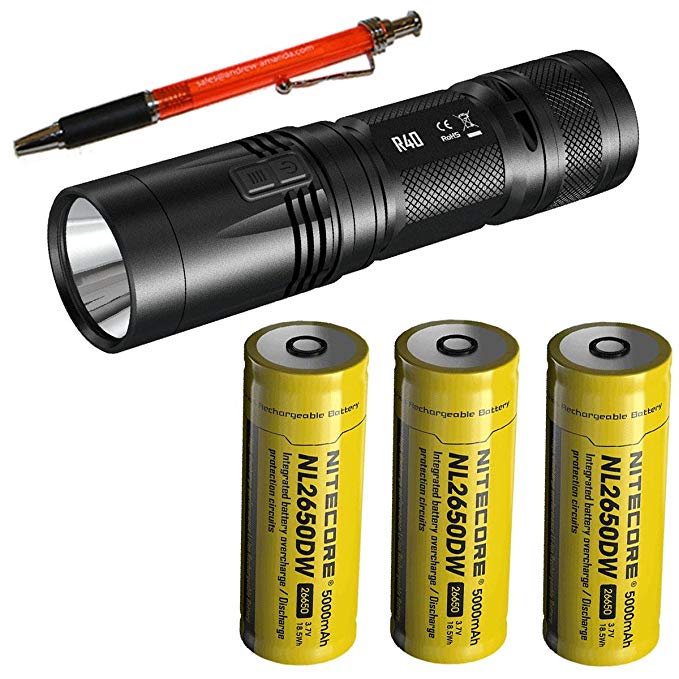 Nitecore R40 CREE XP-L HI V3 LED Rechargeable Flashlight -1000 Lumens w/Charging Dock + 3x NI2650DW Batteries & FREE Andrew & Amanda Pen!