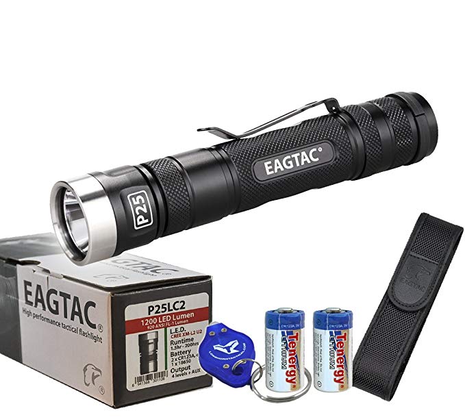 Eagletac P25LC2 1200 Lumens 230 Yards Cree XM-L2 U2 LED Flashlight w/ Premium Holster, Lanyard, 2x CR123A Tenergy Batteries & Lumen Tactical Keychain Light