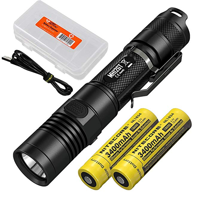 Nitecore MH12GT 1000 Lumen Long Throw USB Rechargeable Flashlight (MH12 Upgrade) w/ 2x High Capacity Batteries and LumenTac Battery Organizer