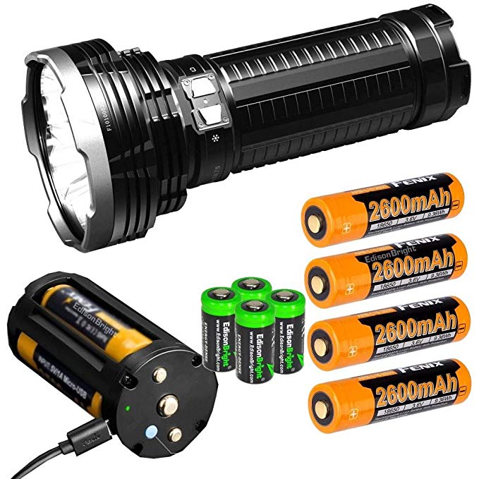 EdisonBright Fenix TK75 5100 Lumen 929 Yards Beam 2018 Edition CREE LED USB Rechargeable Flashlight with Four Fenix Rechargeable 18650 Batteries and 4 X CR123A Batteries Bundle