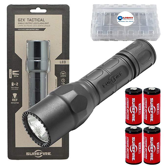 Surefire G2X Tactical Single-Output LED Flashlight 600 Lumens BLACK w/ 2x Extra Surefire CR123A and Lightjunction Battery Case