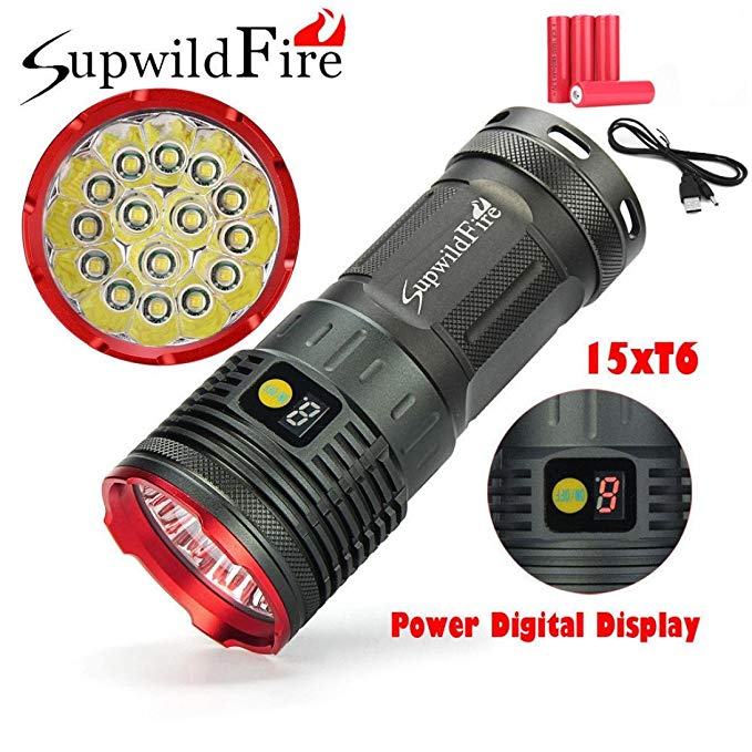 Perman Outdoor Flashlight Set, Supwildfire 50000LM 5 x XM-L T6 LED Power & Mode Digital Display Hunting Torch with 4 pcs 18650 Battery on Sale