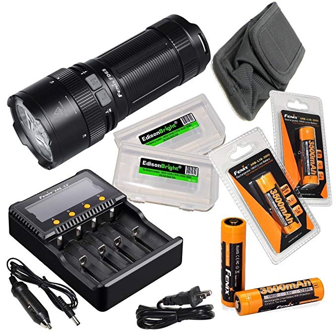 FENIX FD65 focus adjustable 3800 Lumen CREE neutral white LED Flashlight, 4 X Fenix 18650 ARB-L18-3500 rechargeable batteries, ARE-C2+ battery charger with 2 X EdisonBright BBX3 battery cases bundle