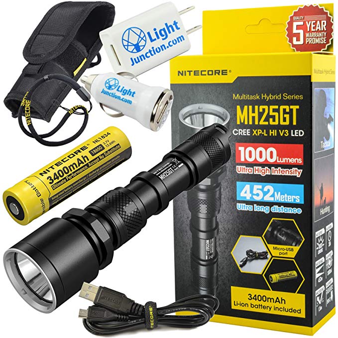 Nitecore MH25GT Rechargeable LED Flashlight Long Distance Throw Range w/ LightJunction 1A USB Wall and Car Adapter Plugs