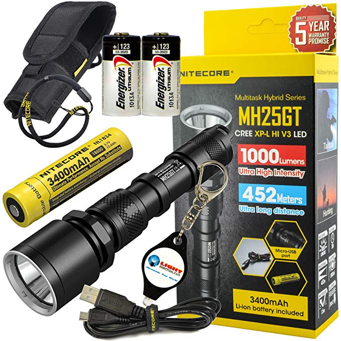 Nitecore MH25GT Rechargeable LED Flashlight Long Distance Throw Range w/ 2x Energizer CR123A Batteries and LightJunction Keychain Light