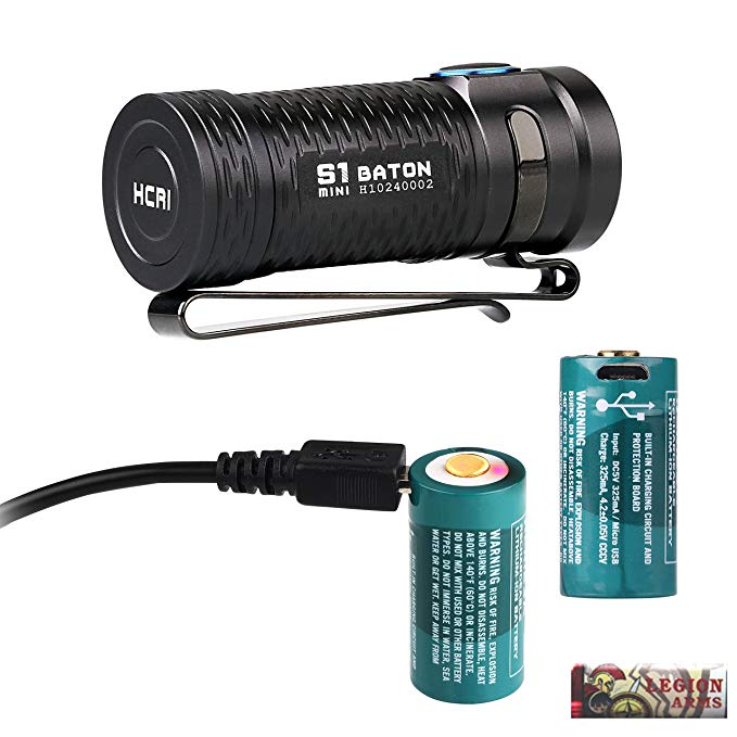 2 Batteries: Olight S1 mini Baton Ultra Compact LED Flashlight with two 650mAh RCR123A Rechargeable batteries, Micro USB charging cable and LegionArms sticker (LED: HCRI 450 Lumen)